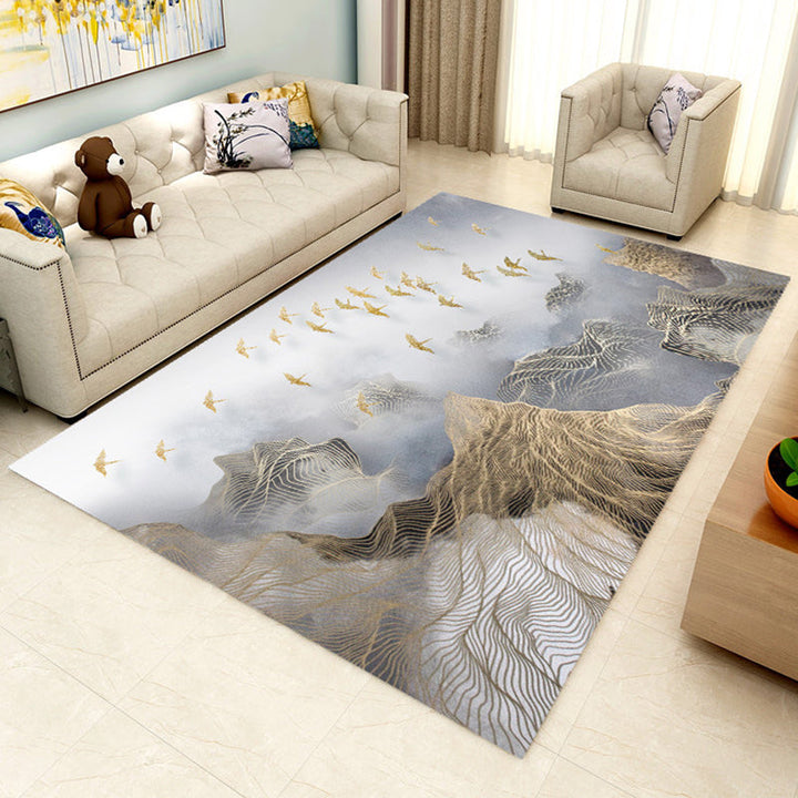 Gray and Brown Novelty Rug Polyester Mountain and Bird Pattern Rug Washable Non-Slip Back Rug for the Living Room | Bowlift