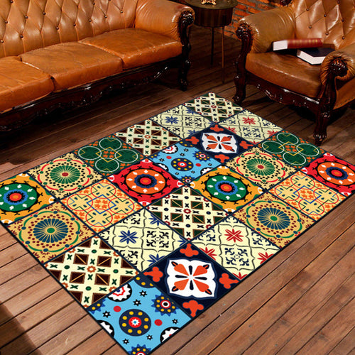 BowLift | Moroccan square flower pattern rug colorful polyester rug non-slip backing rug for living room