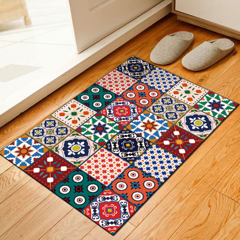 BowLift | Mediterranean Moroccan Rug Multicolor Square Circle Pattern Rug Polyester Non-Slip Rug for Home Decoration