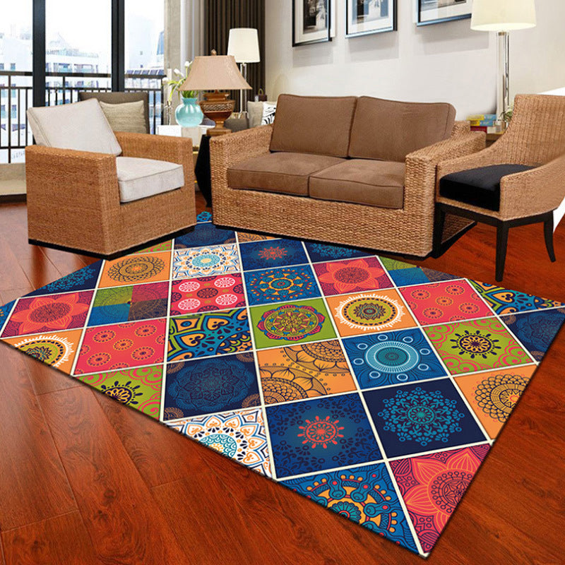 BowLift | Mediterranean Moroccan Carpet multicolored flower square circle pattern carpet polyester non-slip carpet for home decor