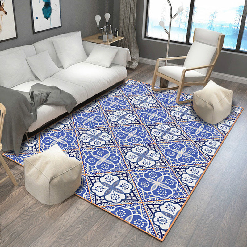 Moroccan floral square printed carpet in blue and white polyester carpet machine washable carpet for the living room | Bowlift