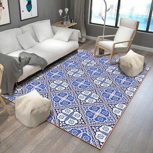 Moroccan floral square printed carpet in blue and white polyester carpet machine washable carpet for the living room | Bowlift