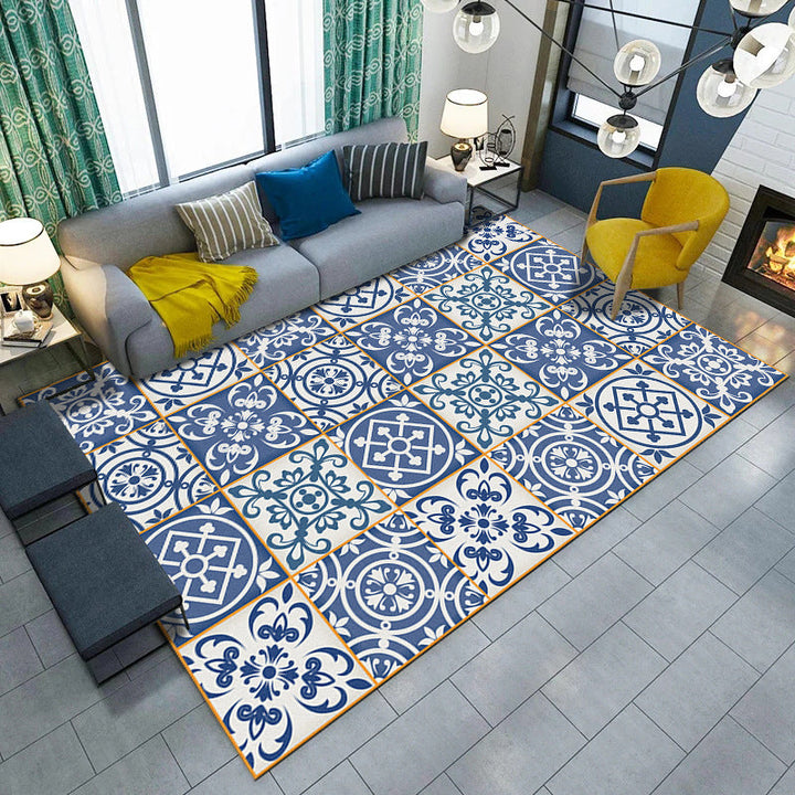 Blue and white bedroom rug Moroccan flower circle square pattern rug polyester machine washable rug | Bowlift
