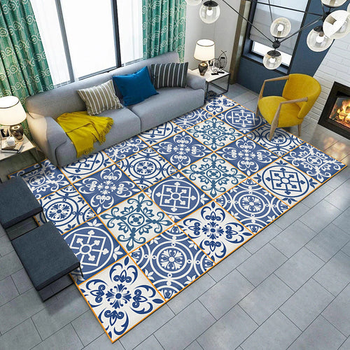 Blue and white bedroom rug Moroccan flower circle square pattern rug polyester machine washable rug | Bowlift