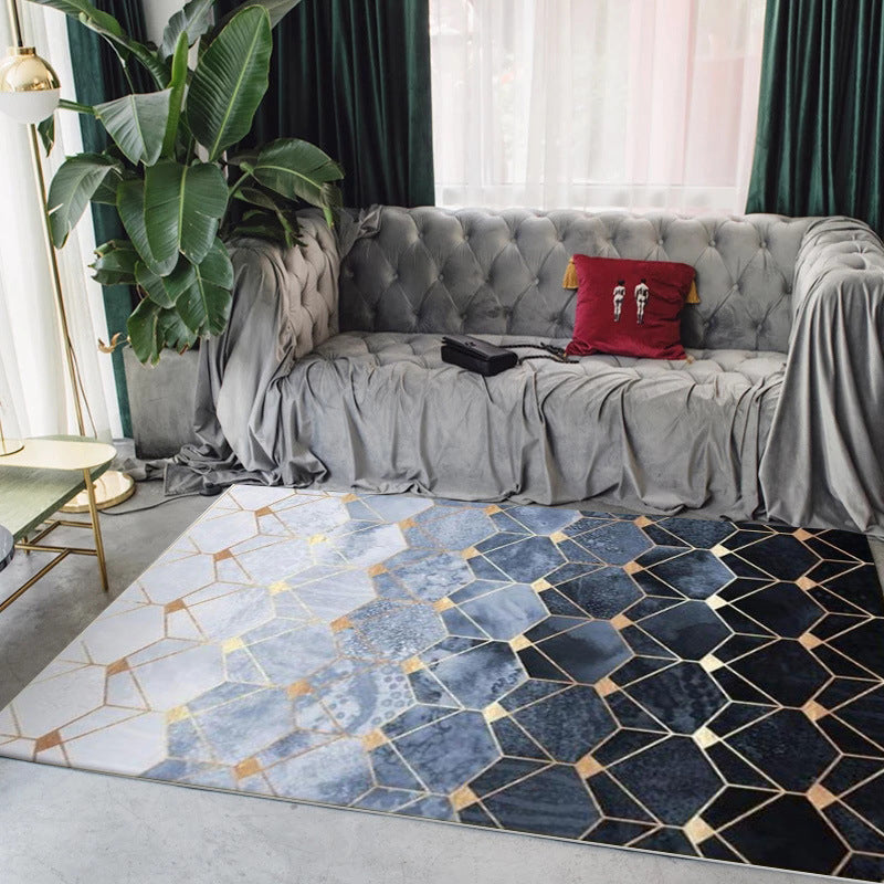 BowLift | Blue Bedroom Carpet Modern Geometric Hexagonal Pattern Rug Polyester Machine Washable Rug