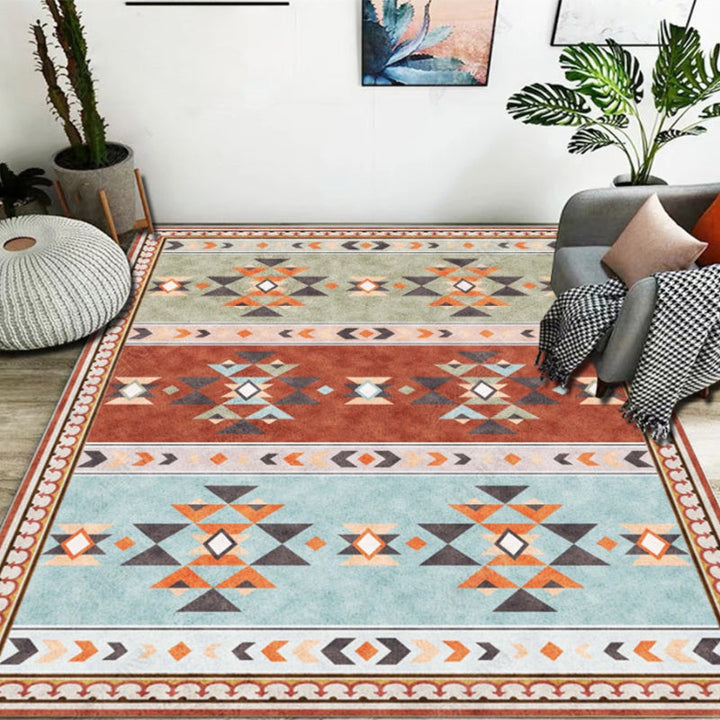 Blue and Red Bedroom Rug Moroccan Medallion Triangle Stripe Pattern Area Rug Polyester Non-Slip Rug | Bowlift