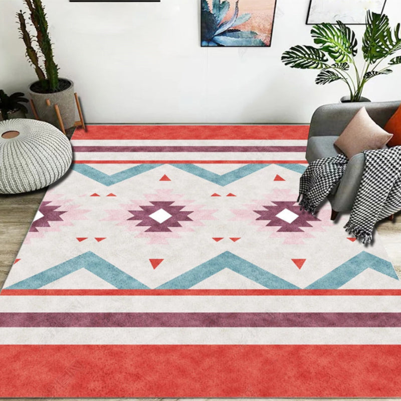 Blue and Red Bedroom Rug Moroccan Medallion Triangle Stripe Pattern Area Rug Polyester Non-Slip Rug | Bowlift