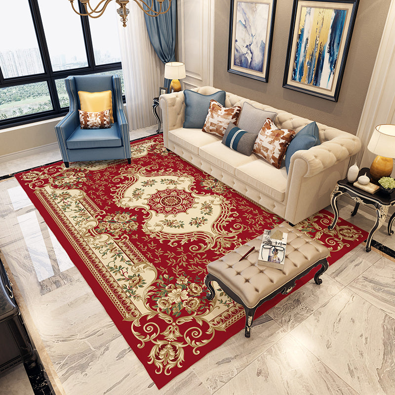 BowLift | Moroccan Living Room Carpet in Blue and Red Medallion Flower Pattern Carpet Polyester Machine Washable Carpet