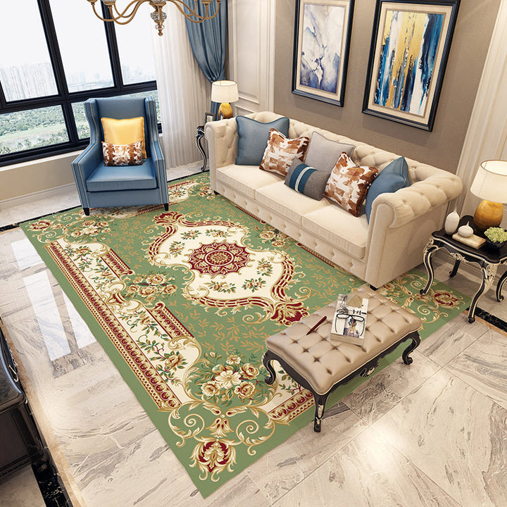 Moroccan living room rug in blue and red with medallion floral pattern rug polyester machine washable area rug | Bowlift