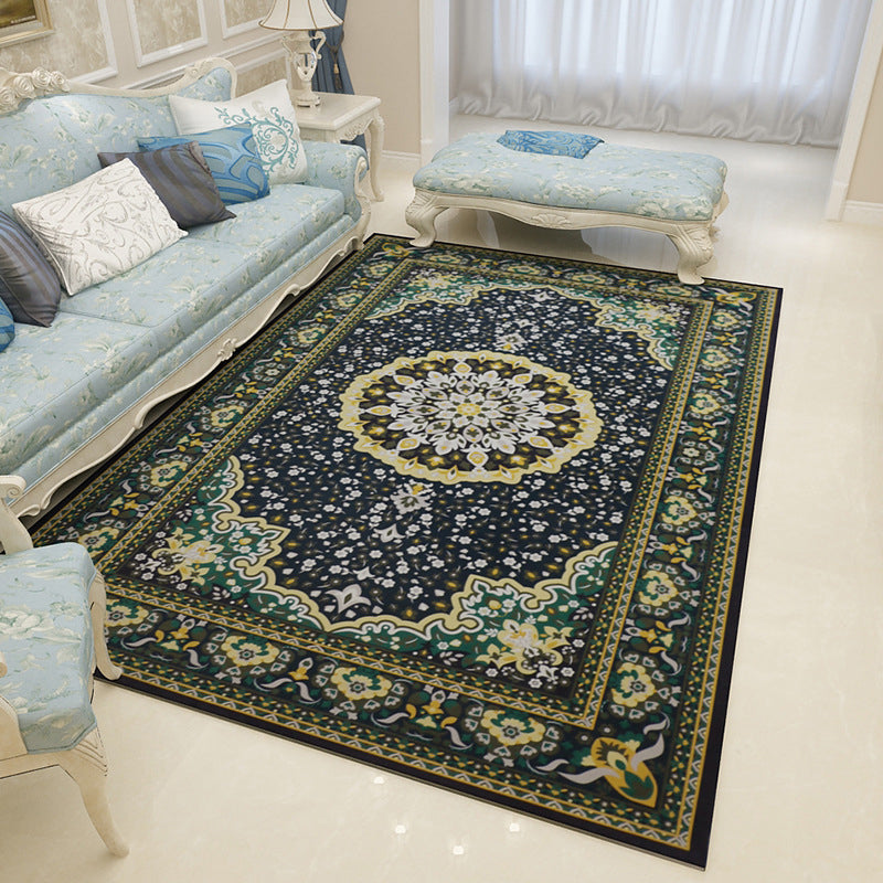 Mediterranean Moroccan rug in black and white medallion floral pattern rug polyester washable rug for home decor | Bowlift