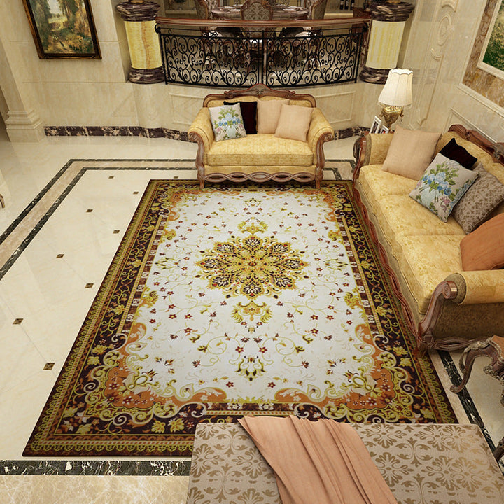 Mediterranean Moroccan rug in black and white medallion floral pattern rug polyester washable rug for home decor | Bowlift