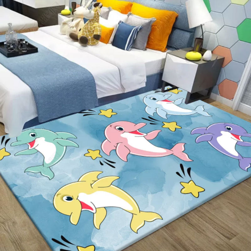 BowLift | Multicolor Dolphin Pattern Rug with Star Polyester Kids Rug Washable Non-Slip Pet-Friendly Area Rug for Bedroom