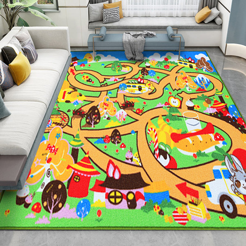BowLift | Kids Maze Pattern Rug Green Polyester Rug Non-Slip Pet-Friendly Washable Rug for Kids Room