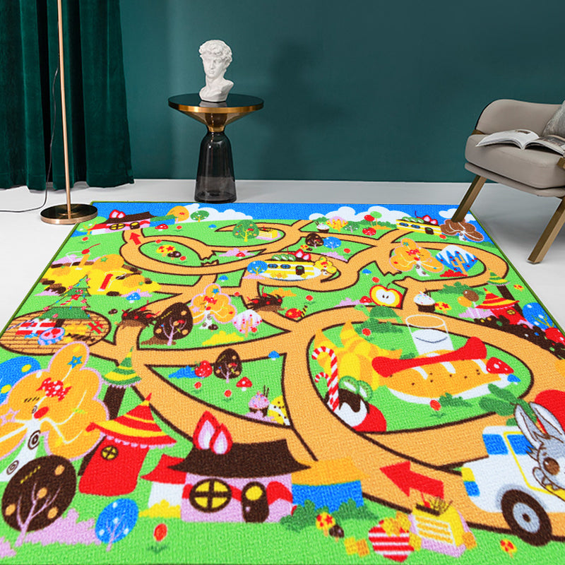 BowLift | Kids Maze Pattern Rug Green Polyester Rug Non-Slip Pet-Friendly Washable Rug for Kids Room