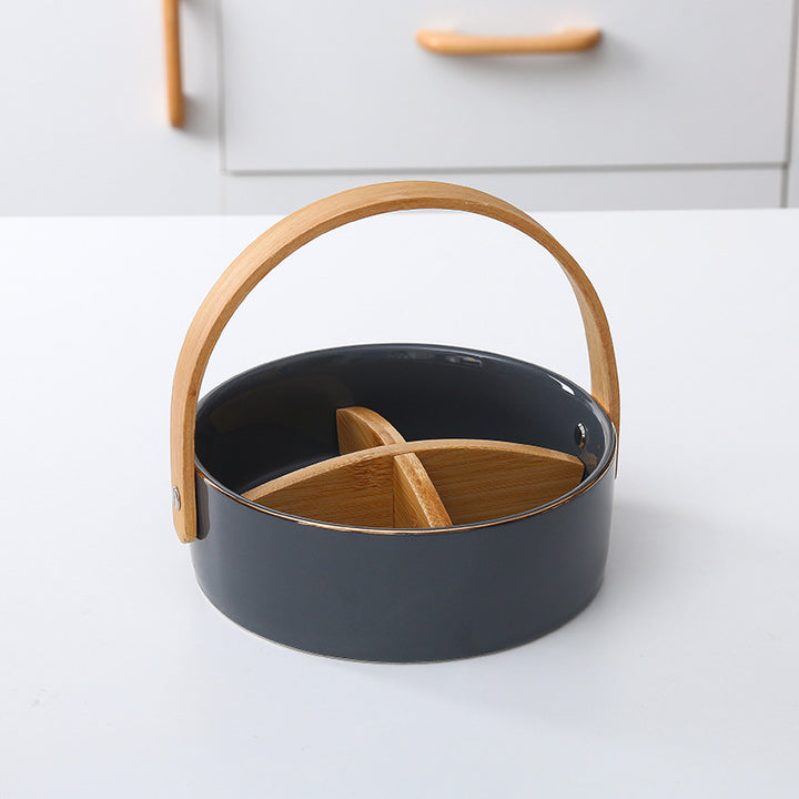 Round serving and storage set with bamboo handle and three-part interior divider