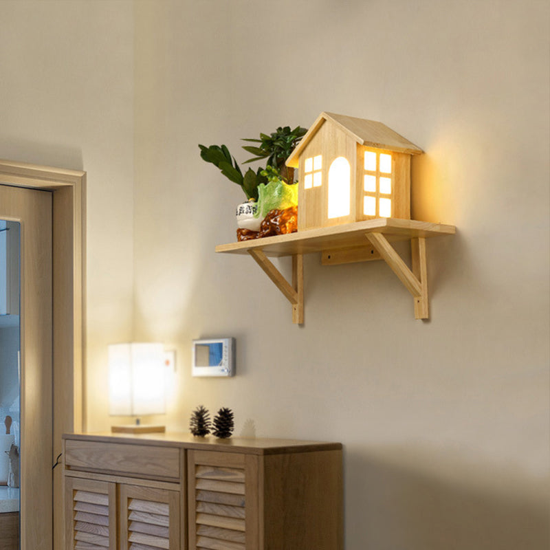 BowLift | Beige Lodge Wall Lamp Interior Nordic Wood LED Wall Cabinet with Shelf, Warm/White Light