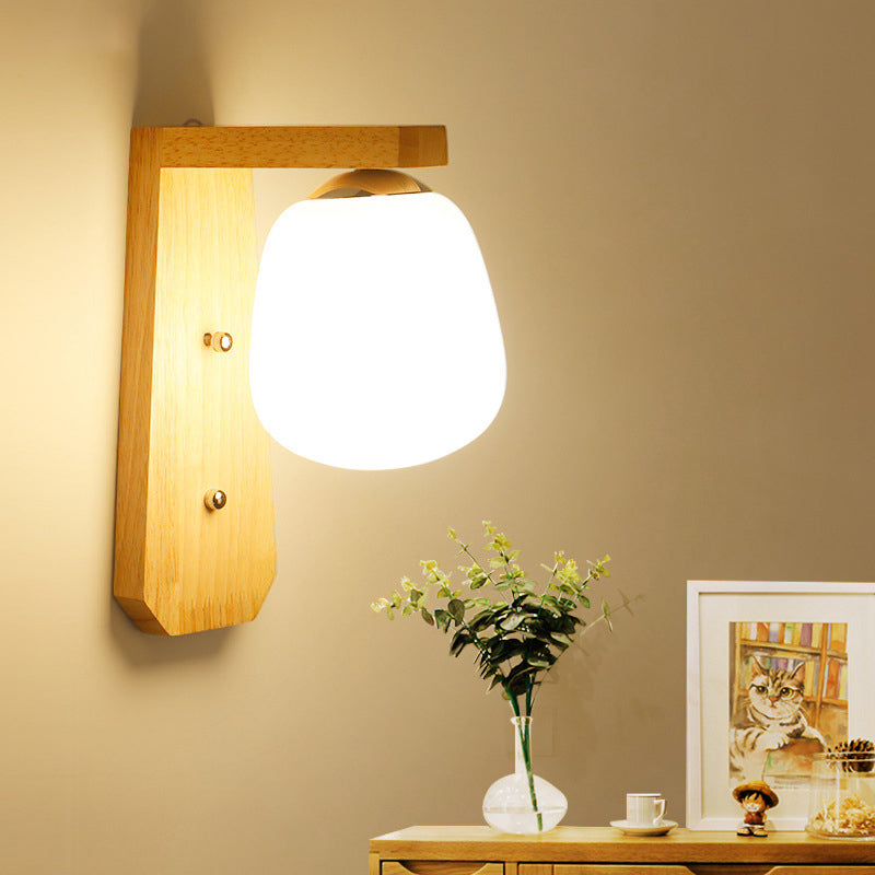 BowLift | Milk Glass Bud-Shaped Wall Lighting Nordic 1-Bulb Wood Wall Mounted Lamp with Right Angle Arm