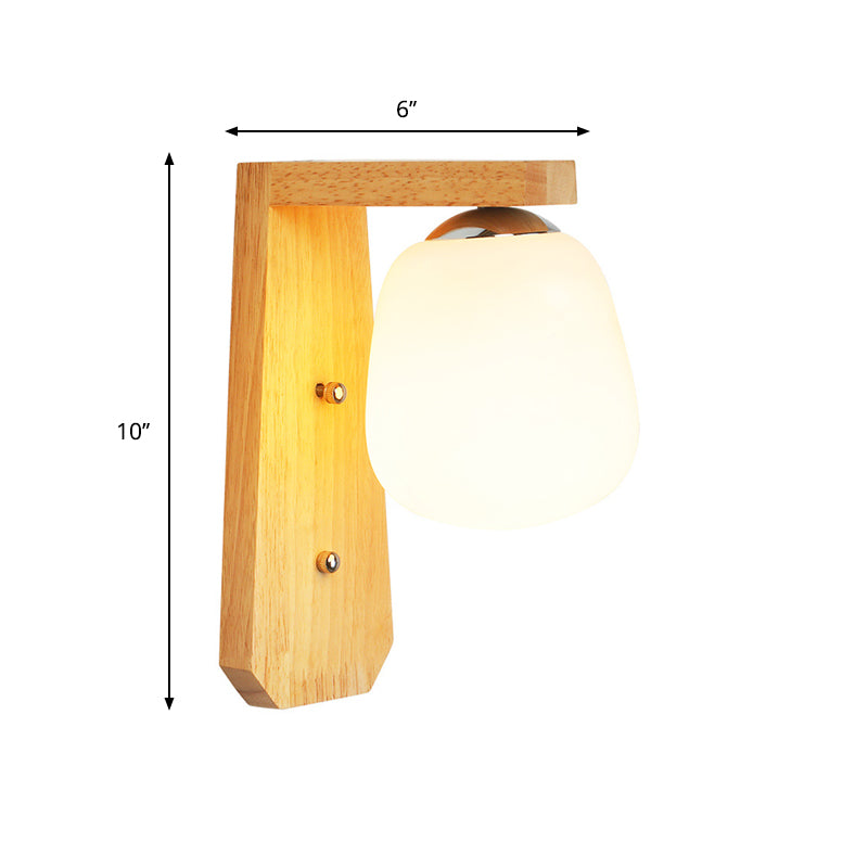 BowLift | Milk Glass Bud-Shaped Wall Lighting Nordic 1-Bulb Wood Wall Mounted Lamp with Right Angle Arm