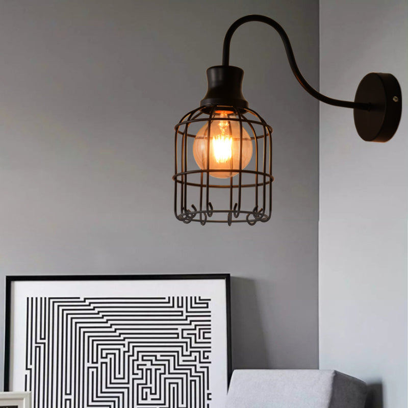 BowLift | Metal Birdcage Wall Mount Lighting with Gooseneck Arm Vintage 1 Main Wall Lamp Sconces in Black