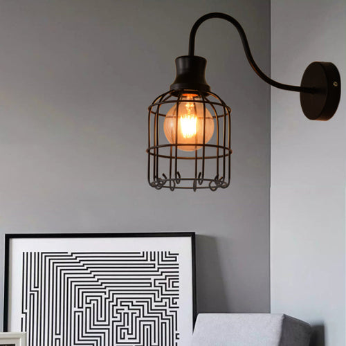 BowLift | Metal Birdcage Wall Mount Lighting with Gooseneck Arm Vintage 1 Main Wall Lamp Sconces in Black