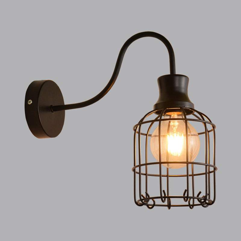 BowLift | Metal Birdcage Wall Mount Lighting with Gooseneck Arm Vintage 1 Main Wall Lamp Sconces in Black