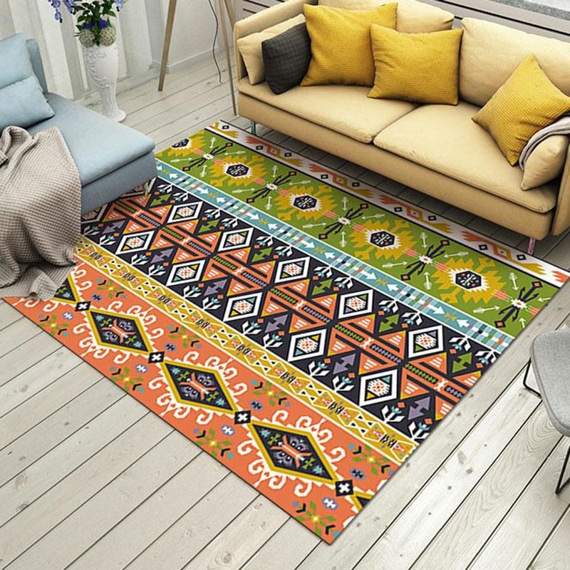 BowLift | Tribal Stain-Resistant Indoor Runner Ethnic Striped Geometric Rug Orange and Green Polyester Pet-Friendly Rug