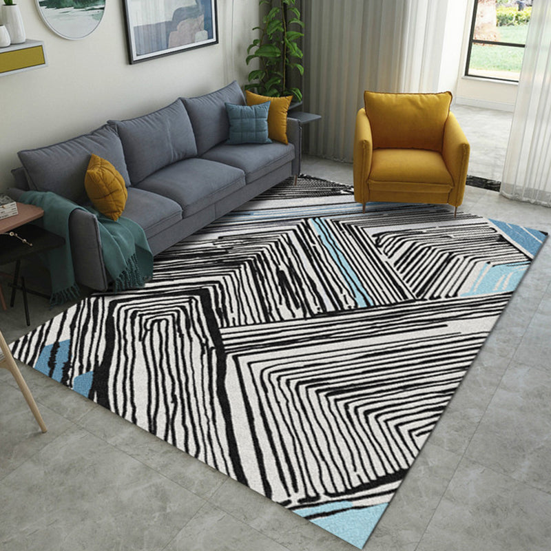 BowLift | Novelties Bedroom Carpet in Black and White Geometric Stripes Print Carpet Polyester Washable Area Rug