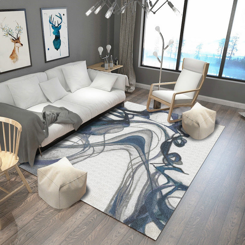 Modern abstract patterned rug White and Blue Polyester rug Washable Non-slip backing rug for bedroom | Bowlift