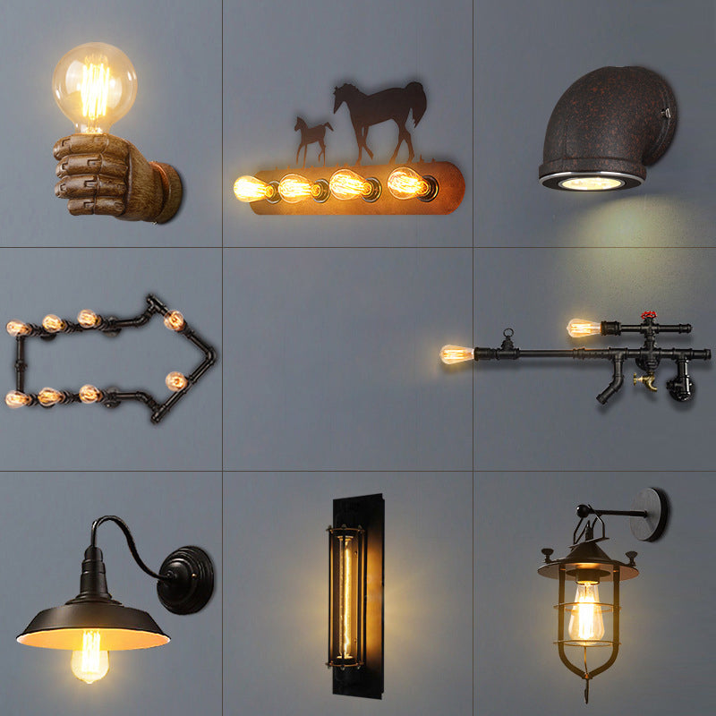 BowLift | Iron Black Surface Wall Sconce Water Pipe/Cage/Fist-shaped 1-Bulb Industrial Style Wall Mounted Light Fixture