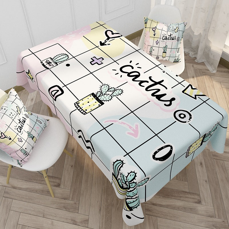 Printed Cotton-Linen Rectangular Tablecloth with Pastel Fruit Grid Pattern and Stain-Resistant Finish