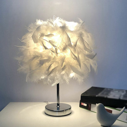Round feather lamp - decorative table lamp for living room, bedside & battery, dimmable, wireless | Bowlift