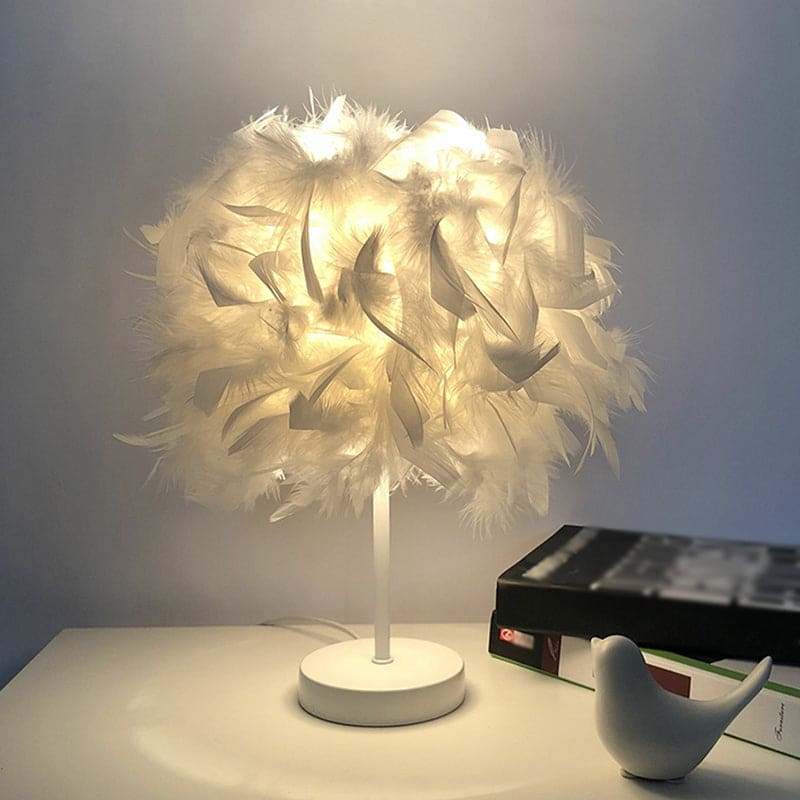 Round feather lamp - decorative table lamp for living room, bedside & battery, dimmable, wireless | Bowlift