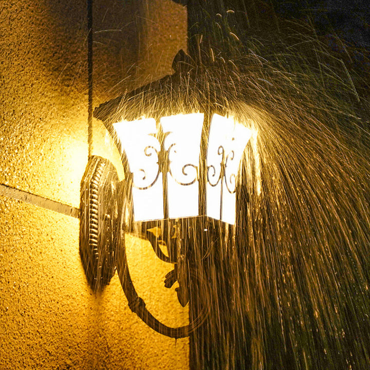 BowLift | Frosted Glass Curved Lantern Wall Light Traditional Terrace Small/Large Solar LED Wall Lamp in Black/Brass
