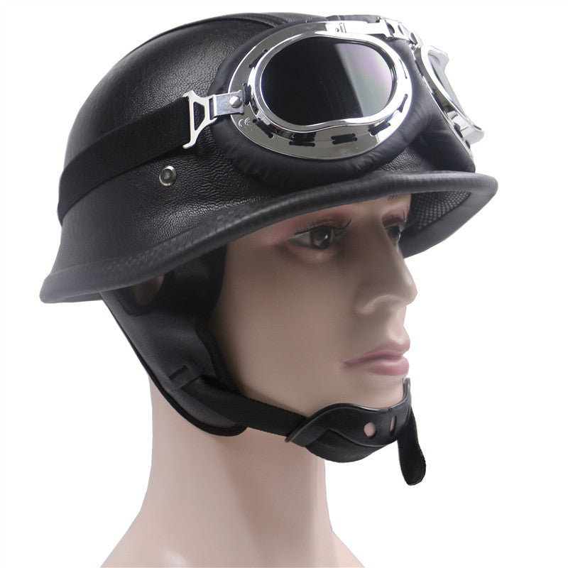 Vintage Leather Motorcycle Helmet with Chrome Goggles Bowlift