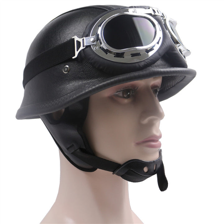 Vintage Leather Motorcycle Helmet with Chrome Goggles Bowlift
