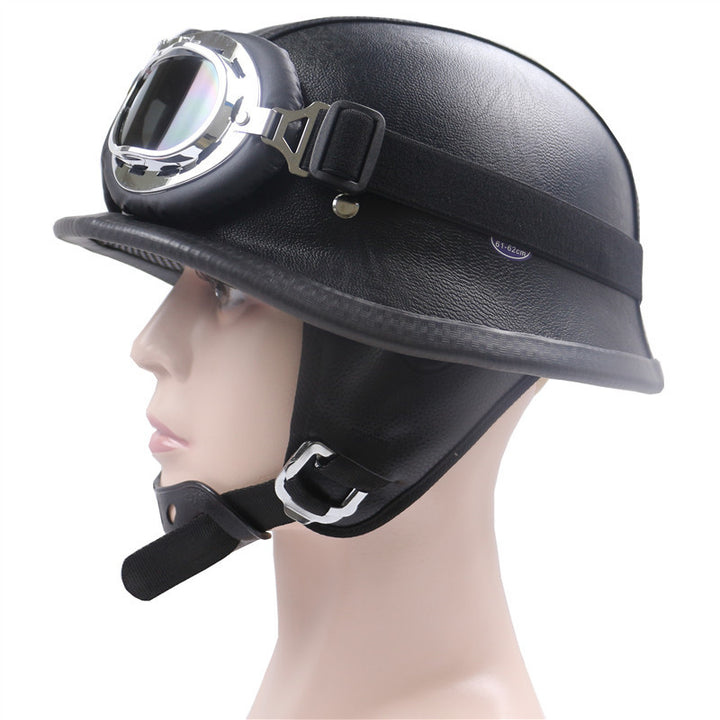 Vintage Leather Motorcycle Helmet with Chrome Goggles Bowlift