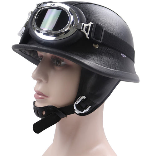 Vintage Leather Motorcycle Helmet with Chrome Goggles Bowlift