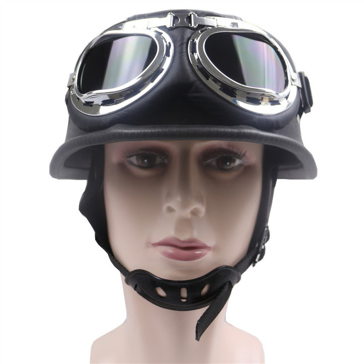 Vintage Leather Motorcycle Helmet with Chrome Goggles Bowlift