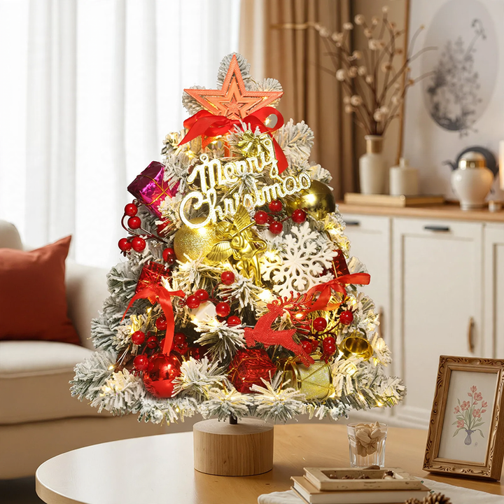 Flocked mini Christmas tree with wooden base, 45-60 cm