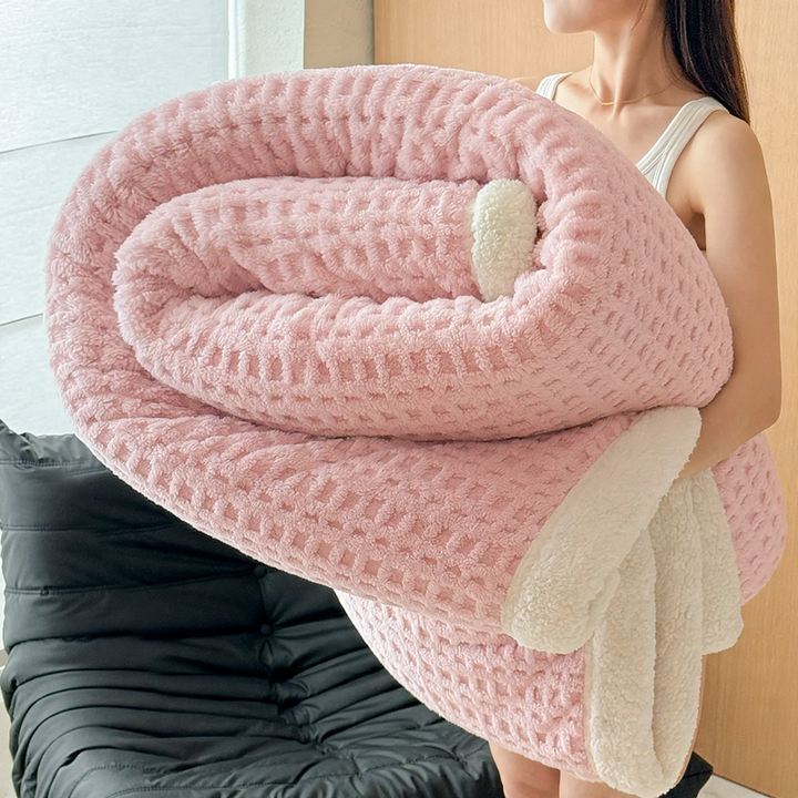 Waffle throw blanket with lamb fleece imitation, double-layered