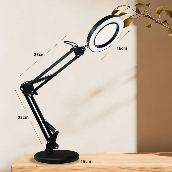 LED work lamp with long articulated arm and eye protection
