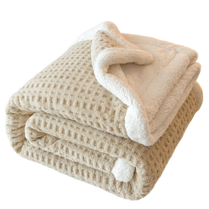 Waffle throw blanket with lamb fleece imitation, double-layered