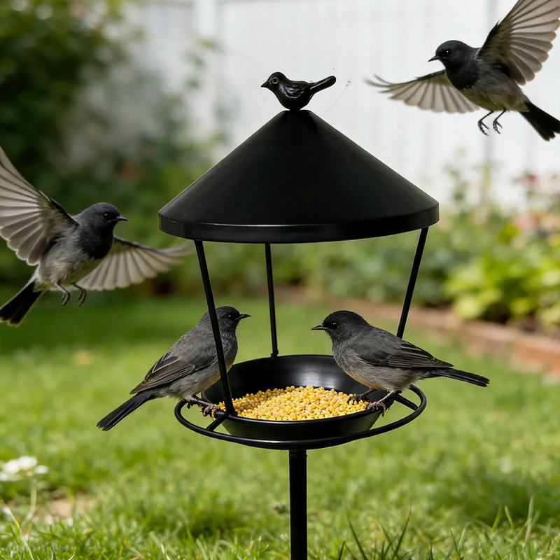 Bird feeding station with ground spike made of iron