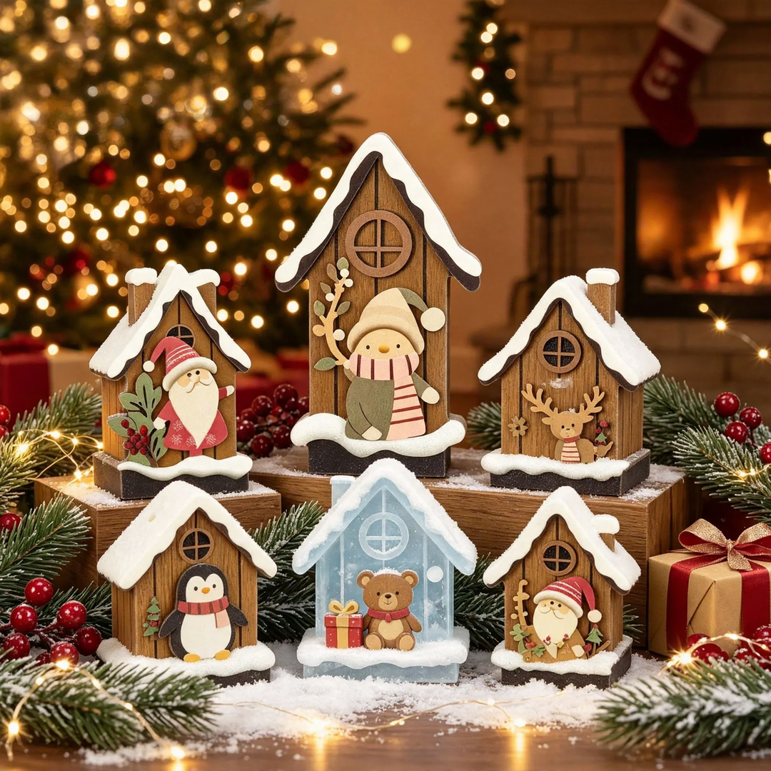 Illuminated Christmas Wooden House Set for Table Decoration