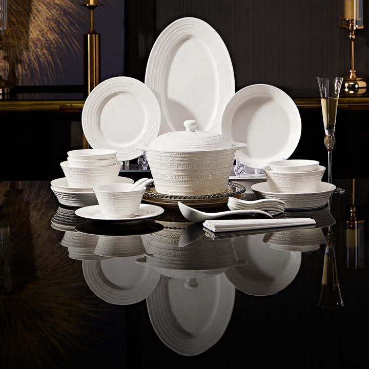 Porcelain Dinnerware Set with Gold Rim, Luxury Design