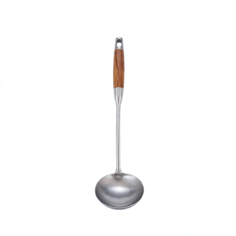 Stainless steel kitchen utensil set with wooden handles