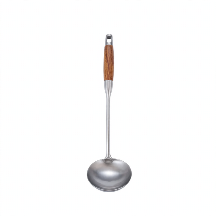 Stainless steel kitchen utensil set with wooden handles