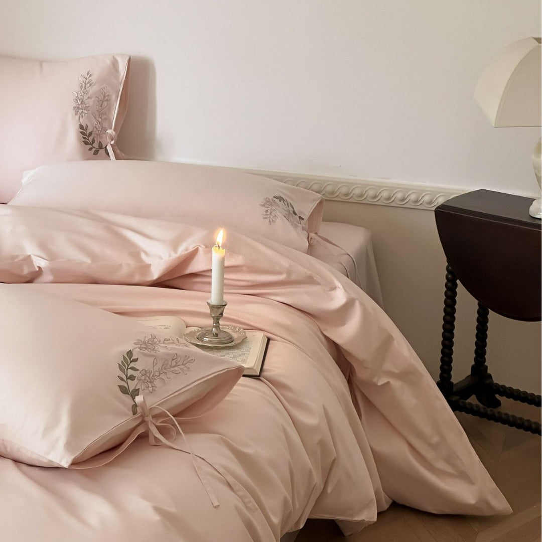 Cotton bedding set, 4-piece, floral embroidery