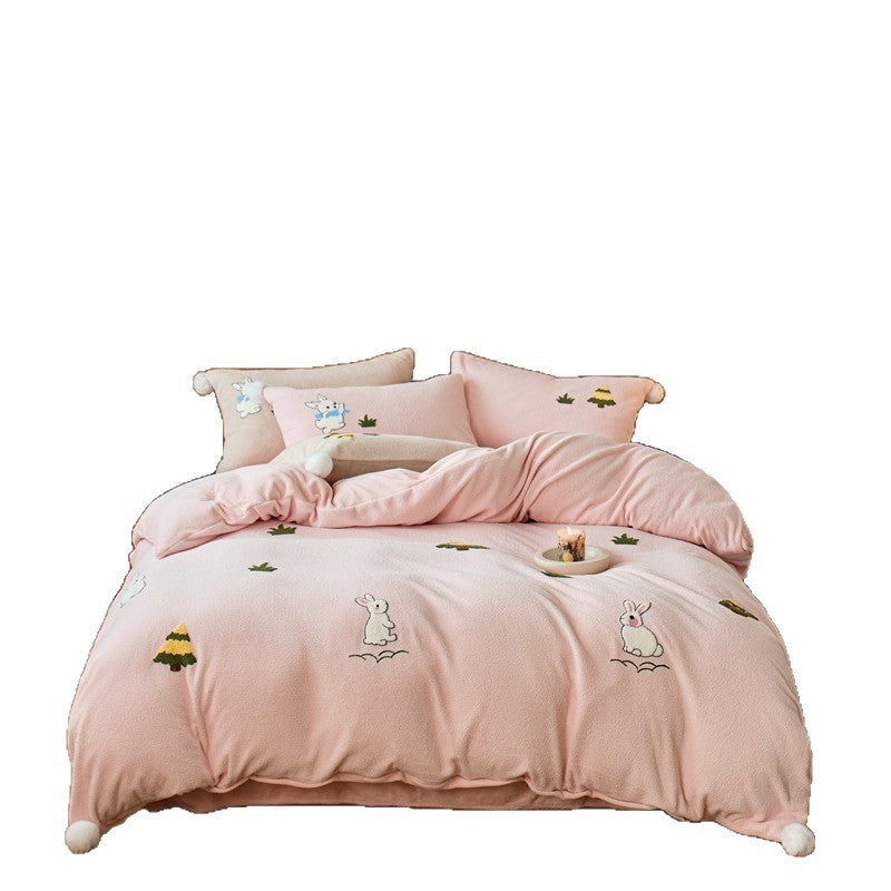 4-piece milk fleece bedding set with embroidery