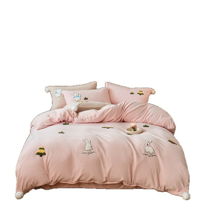 4-piece milk fleece bedding set with embroidery